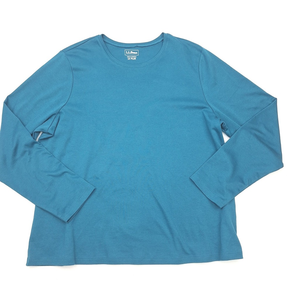 LLBean Top Womens 1X Plus Teal Blue Long Sleeve Cotton Crew Neck